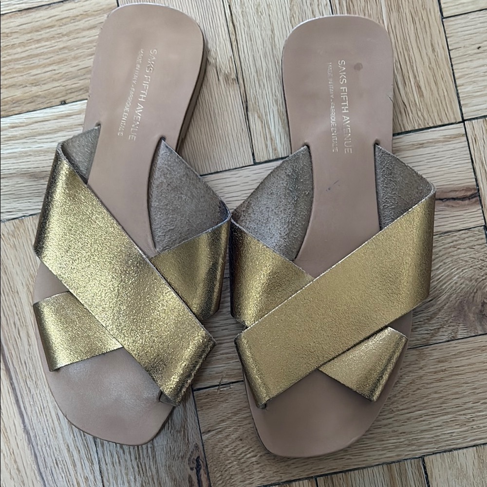 Saks Fifth Avenue Gold Slide Sandals with X-Strap Design